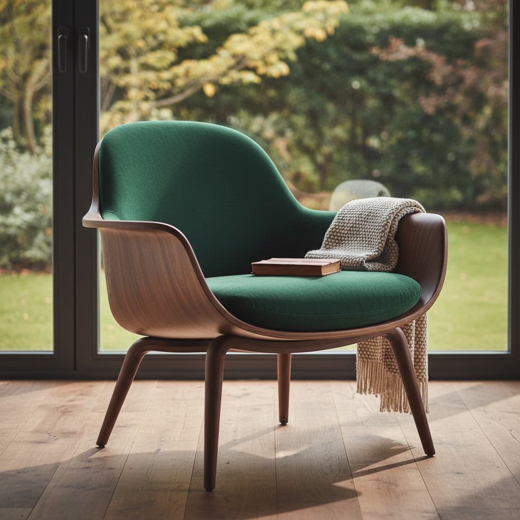 A dark green armchair with a wooden frame sits on a wooden floor in front of a large window, with a closed book and a knitted blanket resting on the seat.