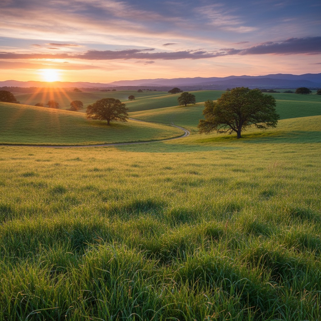 The sun sets over rolling green hills dotted with scattered trees, casting a warm golden light across a grassy meadow.